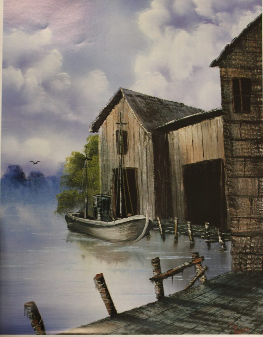 A painting of a boat docked at a dock.