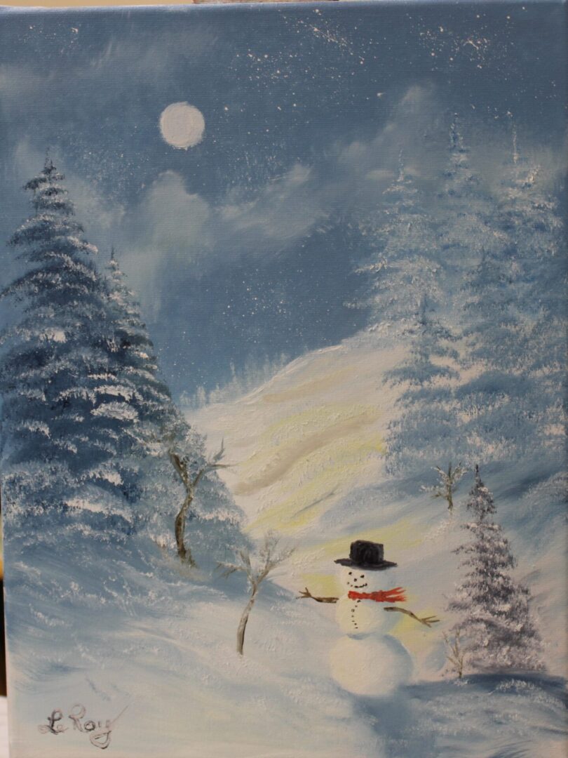 A painting of a snowman in the snow.