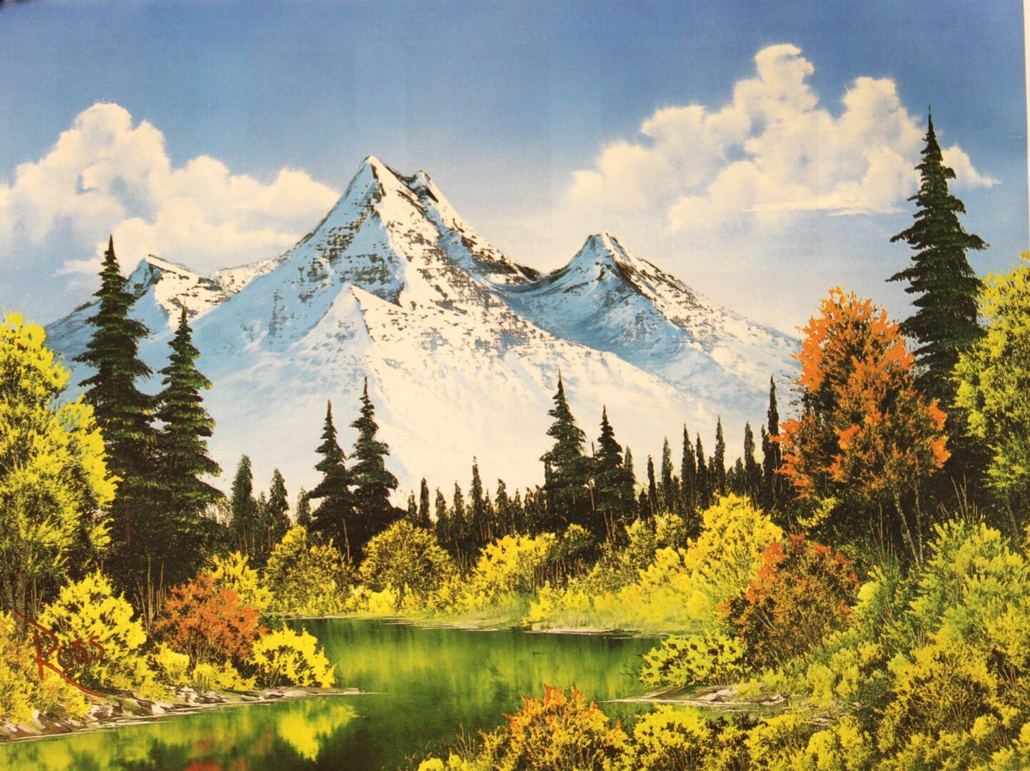 A painting of a mountain range with trees and a lake.