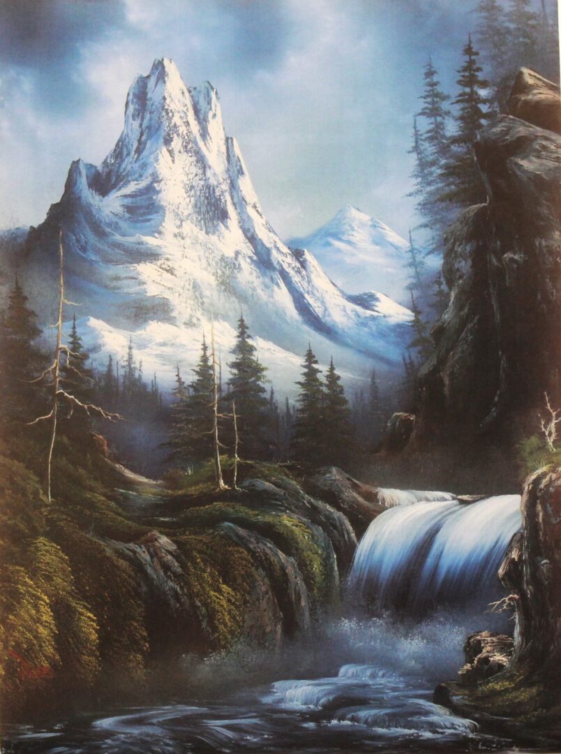 A painting of a mountain scene with a waterfall.