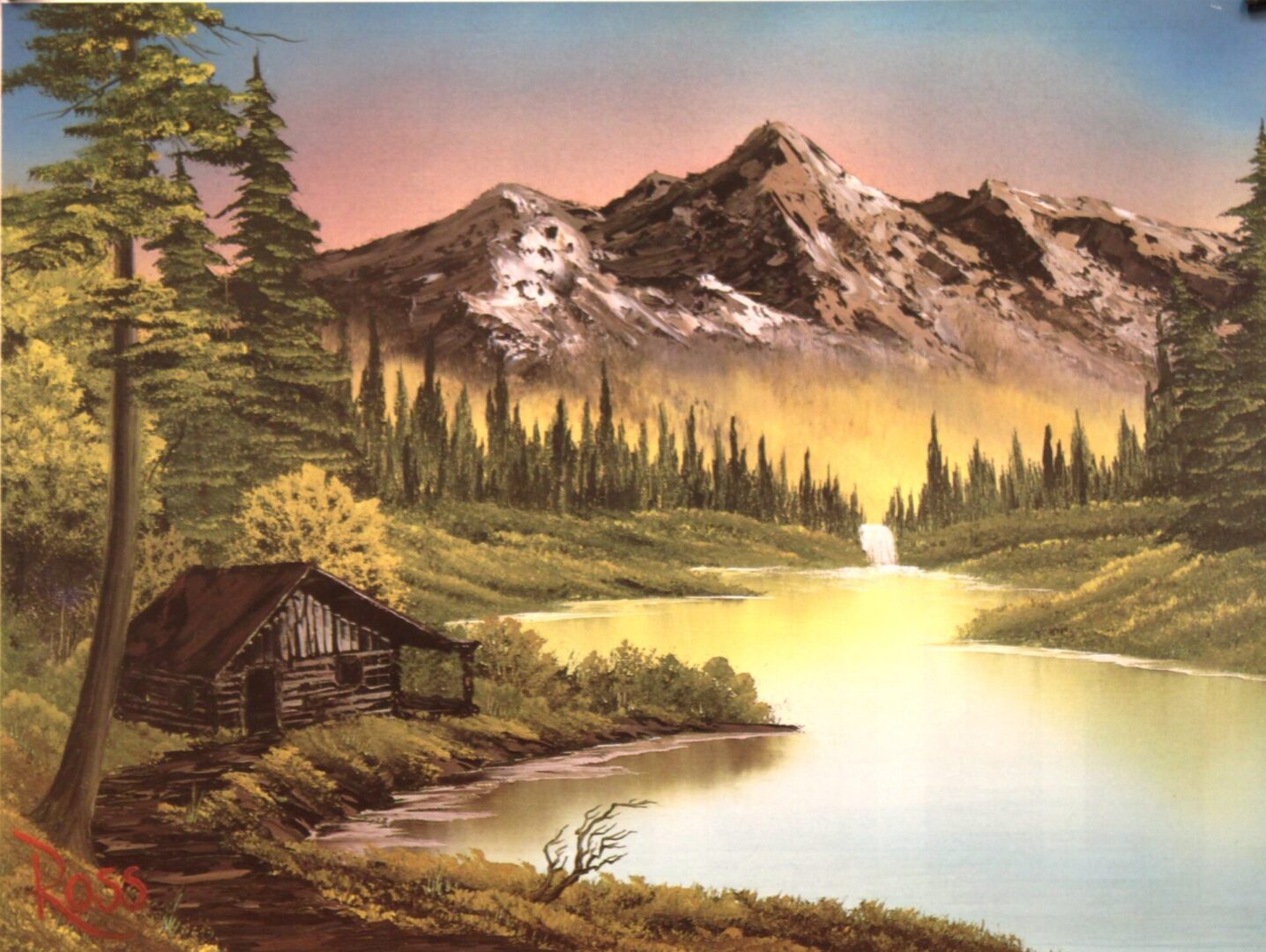 A beautiful painting of mountains and forest and river with a small hut.